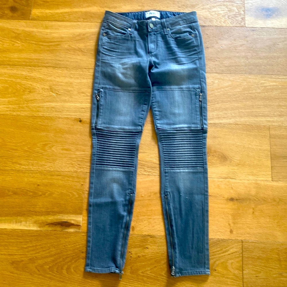 Paige gray wash Moto zip ankle jeans